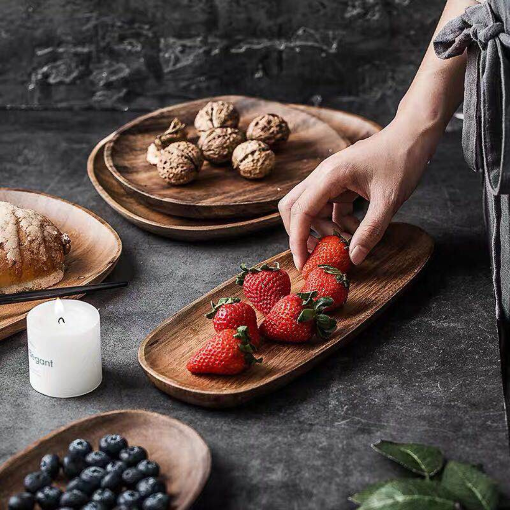 Acacia Wood Serving Tray - Raised Edge Wooden Tray