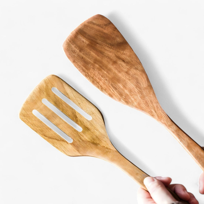 Kitchen Utensils with Holder - 9 Piece Teak Wood Cooking Spoon Set