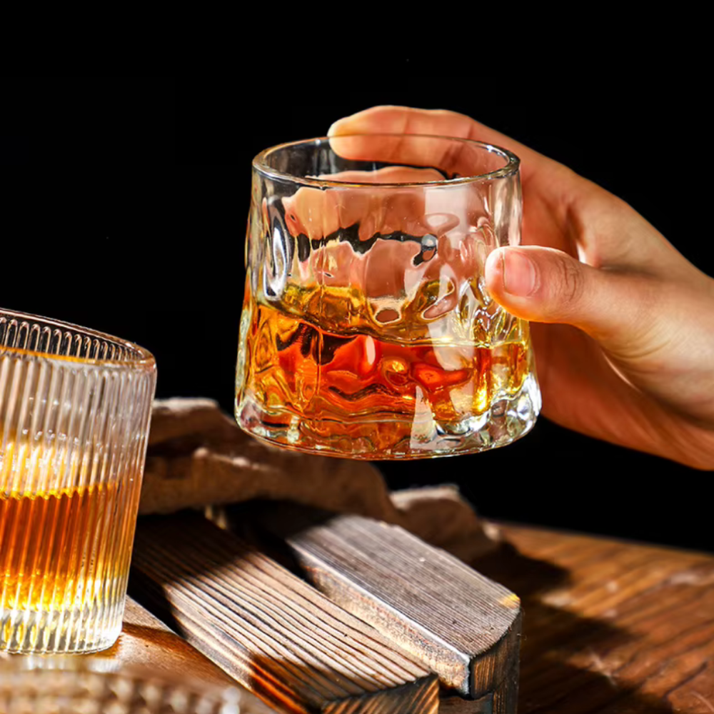Spinning Whiskey Glass with Wooden Base - Three Glass Styles