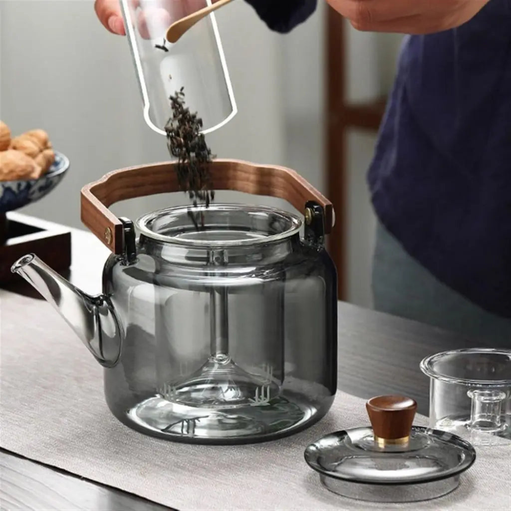 High Borosilicate Glass Brew Teapot Kettle With Wide Wooden Handle - Boiling Water Tea Infuser Kettle