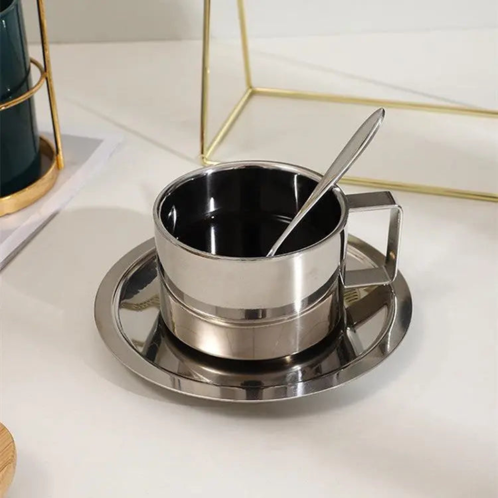 Stainless Steel Coffee Cup With Matching Saucer