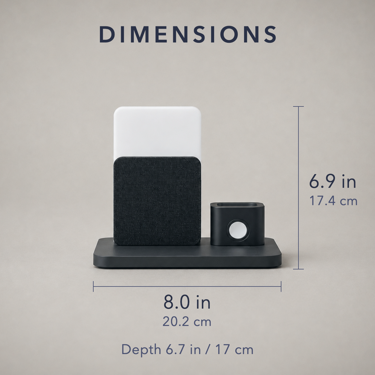 Dimension diagram - 8.0 in / 20.2 cm wide, 6.9 in / 17.4 cm tall, 6.7 in / 17 cm deep