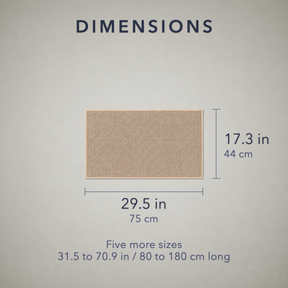 Dimension card: the smallest size is 29.5 by 17.3 inches, 75 by 44 cm, with five more sizes from 31.5 to 70.9 inches long