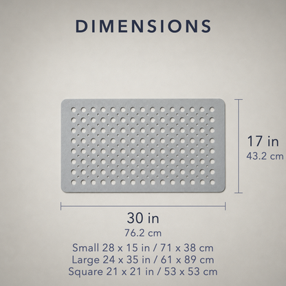 Dimensions diagram: medium shower mat 30 by 17 inches, 76.2 by 43.2 cm, with small, large and square sizes listed