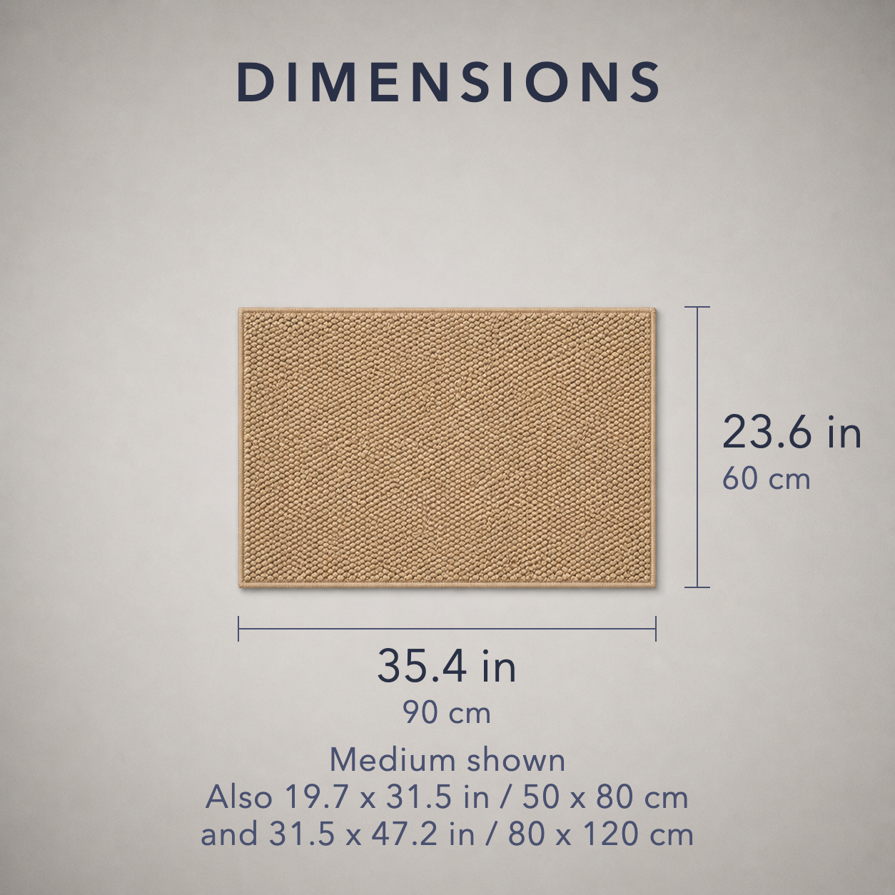 Dimension diagram of the doormat shown flat from above on a grey background, headed DIMENSIONS, marked 35.4 in / 90 cm across the width and 23.6 in / 60 cm down the height, with a note reading Medium shown, also 19.7 x 31.5 in / 50 x 80 cm and 31.5 x 47.2 in / 80 x 120 cm