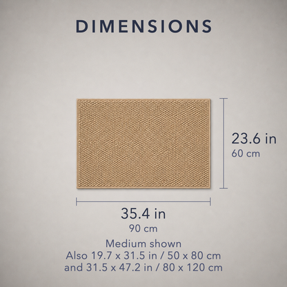 Dimension diagram of the doormat shown flat from above on a grey background, headed DIMENSIONS, marked 35.4 in / 90 cm across the width and 23.6 in / 60 cm down the height, with a note reading Medium shown, also 19.7 x 31.5 in / 50 x 80 cm and 31.5 x 47.2 in / 80 x 120 cm