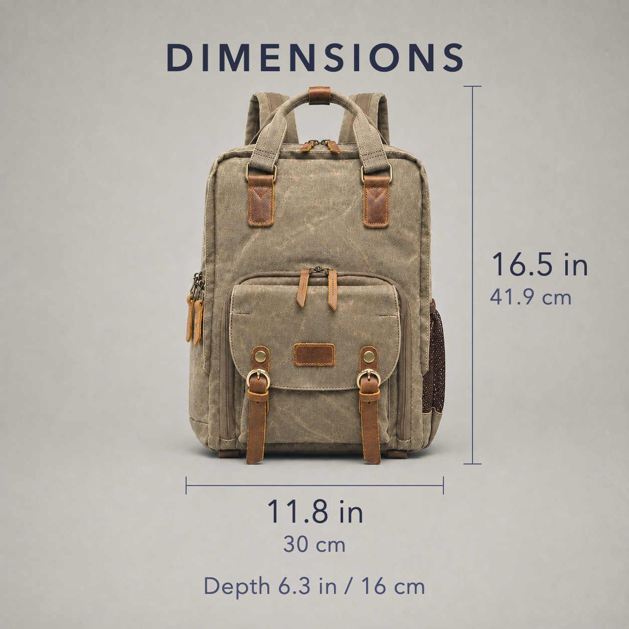 Dimension diagram of the camera backpack, 11.8 by 16.5 inches.