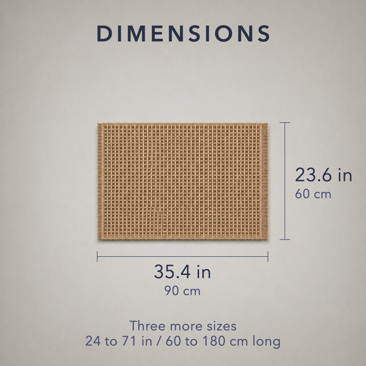 Dimension card: bath mat 35.4 in / 90 cm wide and 23.6 in / 60 cm deep, with three more sizes from 24 to 71 in / 60 to 180 cm long