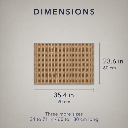 Dimension card: bath mat 35.4 in / 90 cm wide and 23.6 in / 60 cm deep, with three more sizes from 24 to 71 in / 60 to 180 cm long