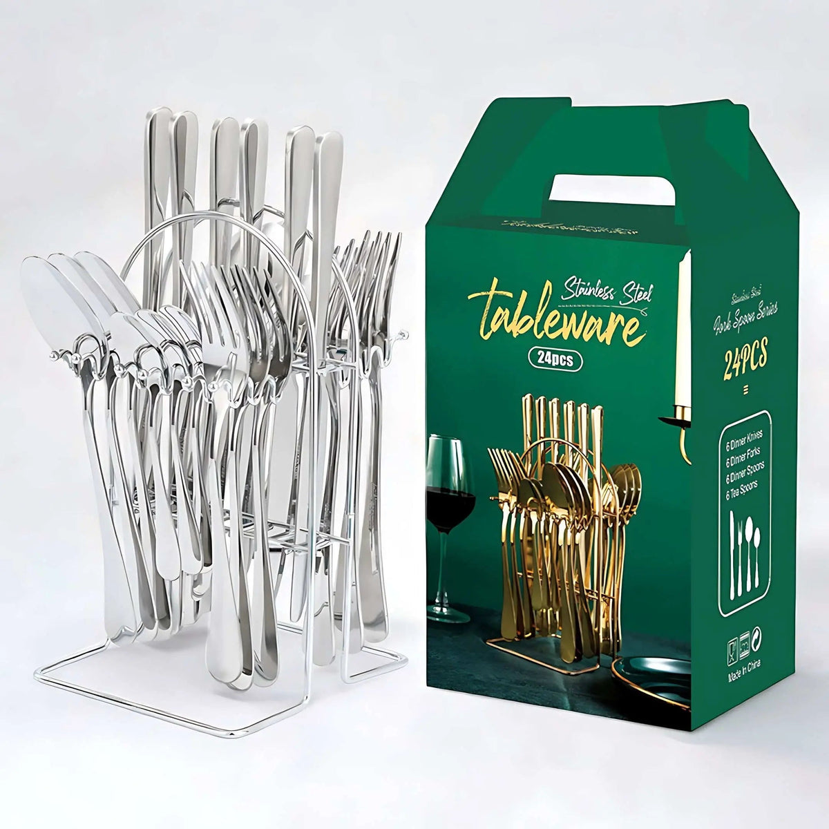 All-silver 24-piece cutlery set hanging on a silver arched storage rack