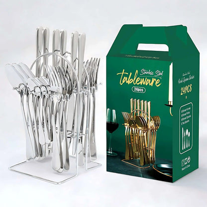 All-silver 24-piece cutlery set hanging on a silver arched storage rack