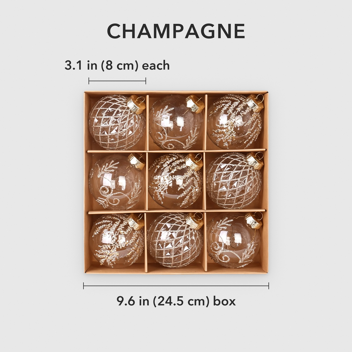 Champagne set dimensions: each bauble 3.1 in (8 cm) across, box of 9 is 9.6 in (24.5 cm) wide