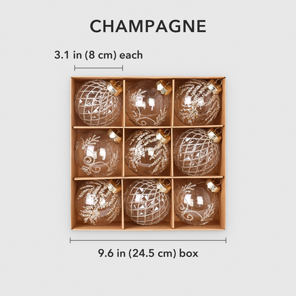 Champagne set dimensions: each bauble 3.1 in (8 cm) across, box of 9 is 9.6 in (24.5 cm) wide