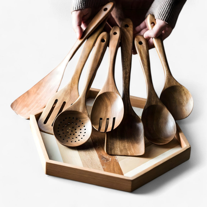 Kitchen Utensils with Holder - 9 Piece Teak Wood Cooking Spoon Set