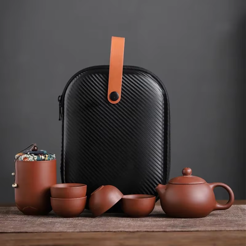 Clay Travel Tea Set With Portable Travel Case - 4 Cups, Tea Jar, Teapot