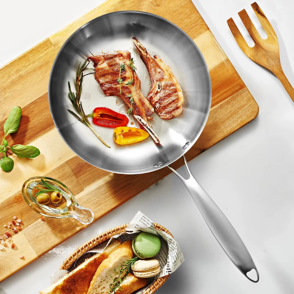 Frying Pan Stainless Steel 3-Ply Deep Cookware for Gas and Induction