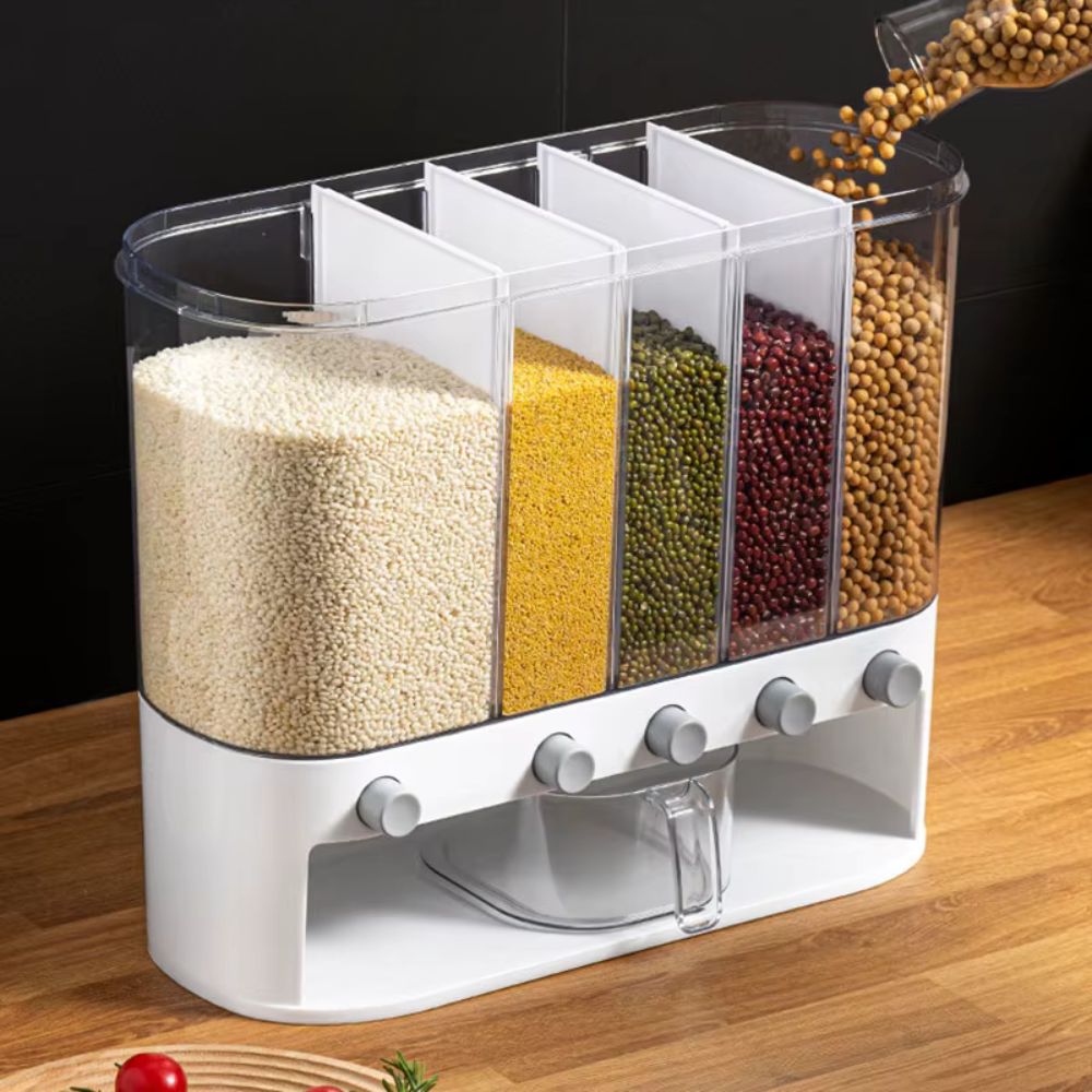 Multi-Compartment Airtight Grain Storage Container, Kitchen Dispenser Pantry Organiser