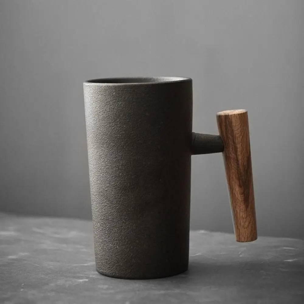 Ceramic Coffee Cup with Natural Wooden Handle - Japanese Style Mug