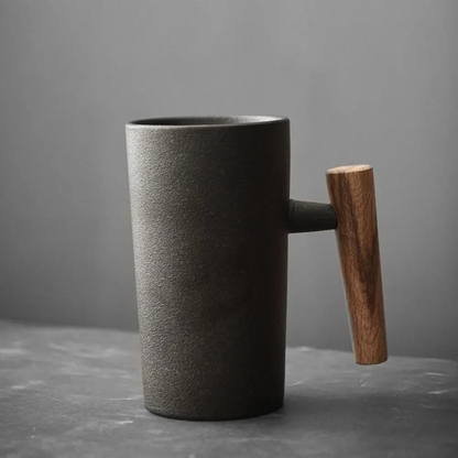 Ceramic Coffee Cup with Natural Wooden Handle - Japanese Style Mug
