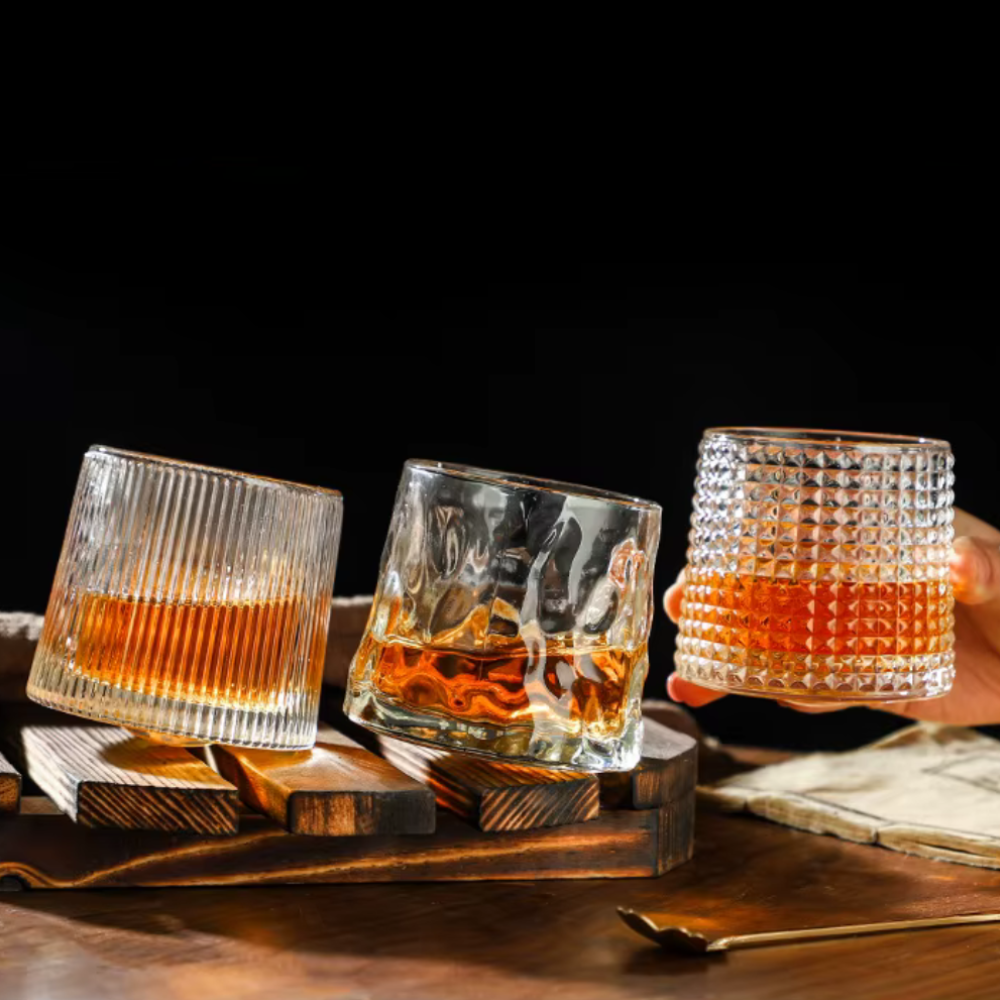 Spinning Whiskey Glass with Wooden Base - Three Glass Styles