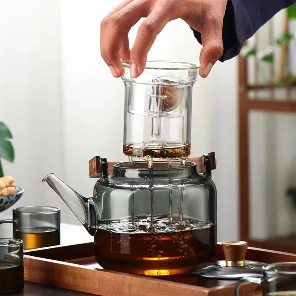High Borosilicate Glass Brew Teapot Kettle With Wide Wooden Handle - Boiling Water Tea Infuser Kettle