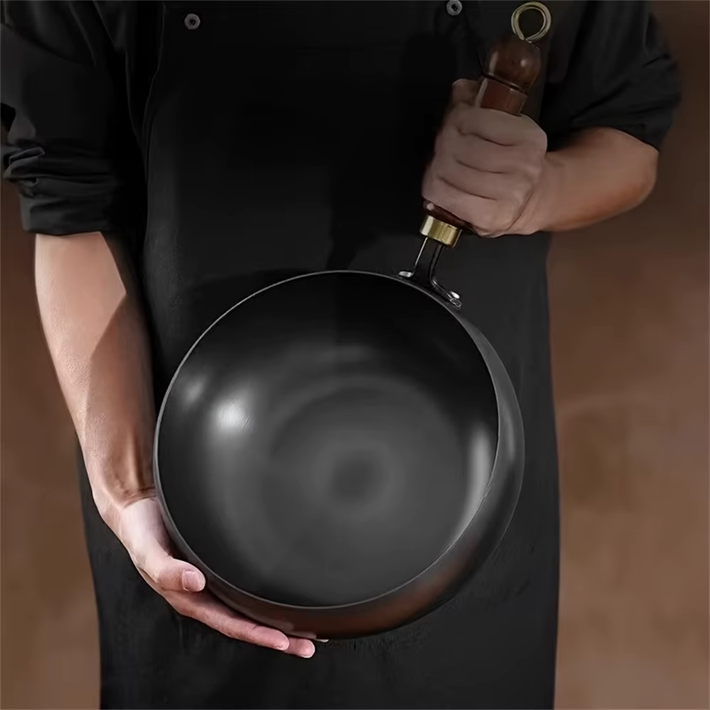 Refined Iron Big Pot Belly Uncoated Pan With Glass or Wooden Lid - Even Heat Frying Kitchen Cookware