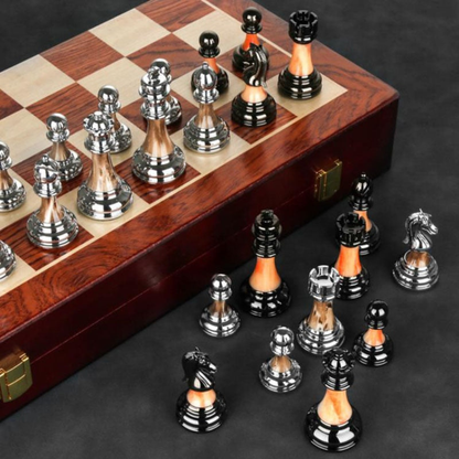 Wooden Chess Board - 45cm Large Foldable Set with Metal Pieces