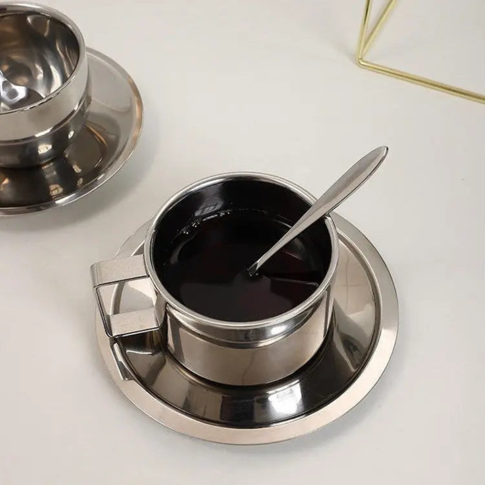 Stainless Steel Coffee Cup With Matching Saucer