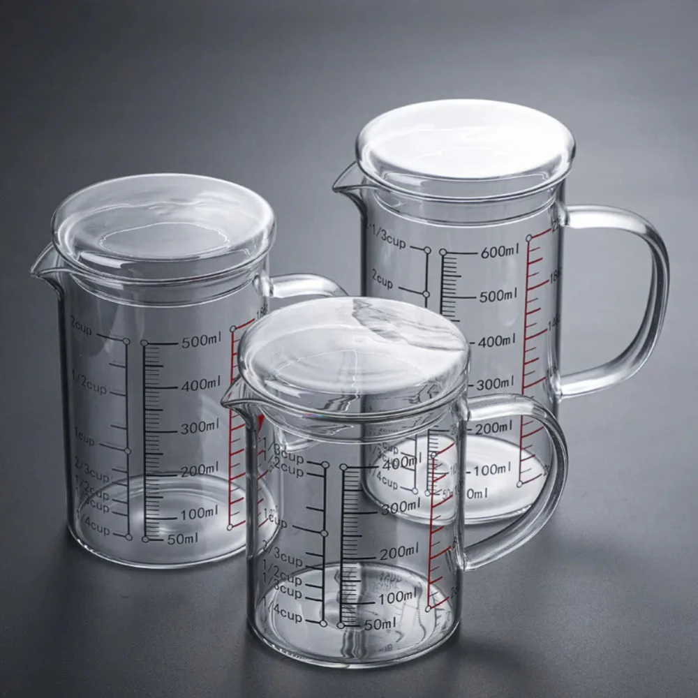 High Borosilicate Glass Measuring Cup, Cooking Measuring Cup - Glass Cups with Lid, Glass Lid and Bamboo Lid