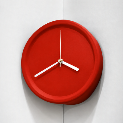 Red corner wall clock in an inside wall corner, white hands
