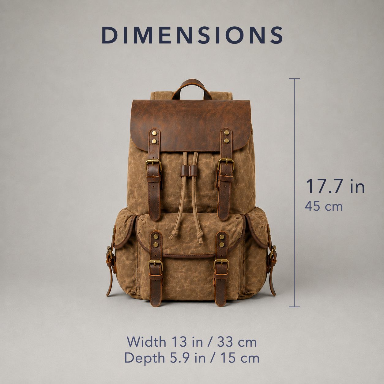 Backpack dimensions, 17.7 inches tall, 13 inches wide and 5.9 inches deep