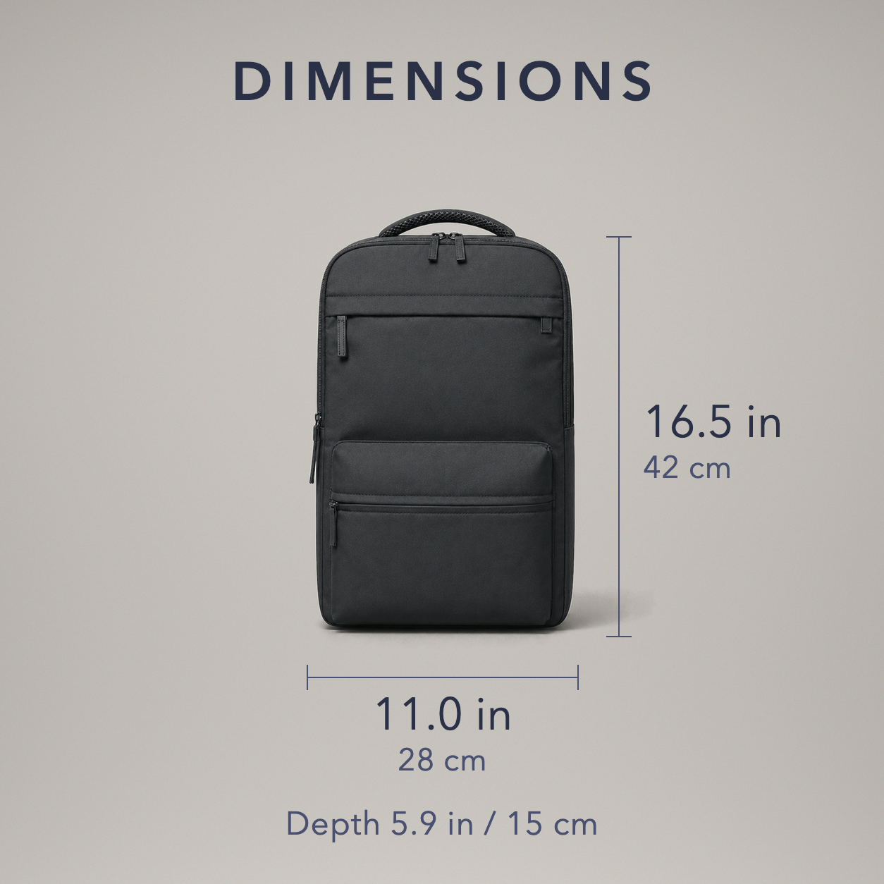 Dimensions card: the backpack measures 16.5 inches or 42 cm tall, 11.0 inches or 28 cm wide, and 5.9 inches or 15 cm deep