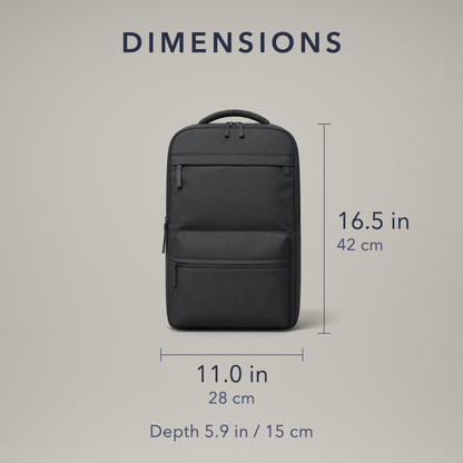 Dimensions card: the backpack measures 16.5 inches or 42 cm tall, 11.0 inches or 28 cm wide, and 5.9 inches or 15 cm deep