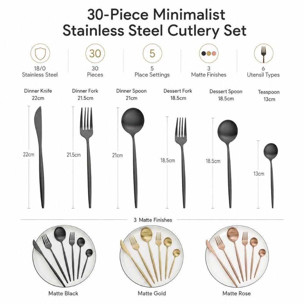 The six cutlery pieces with their lengths, and place settings in matte black, gold and rose gold