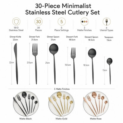 The six cutlery pieces with their lengths, and place settings in matte black, gold and rose gold