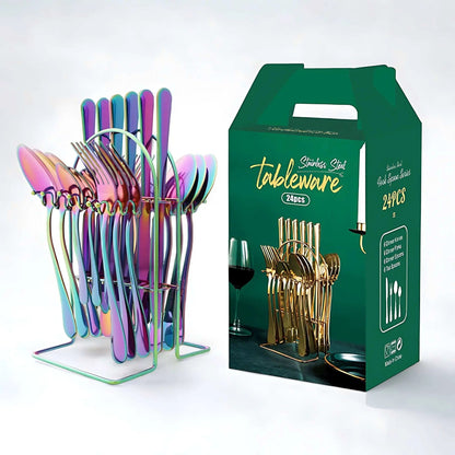 Iridescent rainbow 24-piece cutlery set hanging on a matching rainbow arched storage rack