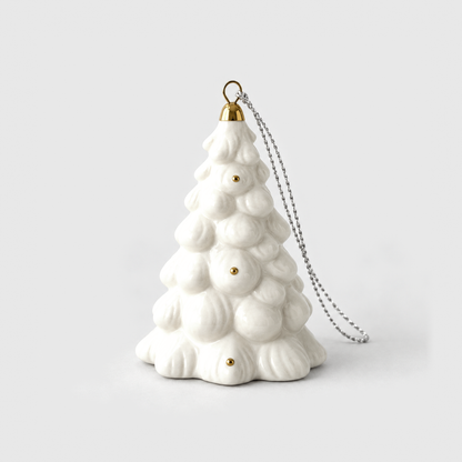 White ceramic Christmas tree ornament in the Frosted style, covered in rounded snow clumps with a small gold cap, on a light gray background