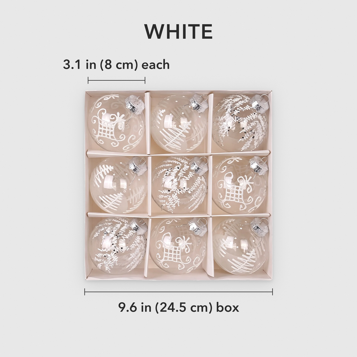 White set dimensions: each bauble 3.1 in (8 cm) across, box of 9 is 9.6 in (24.5 cm) wide