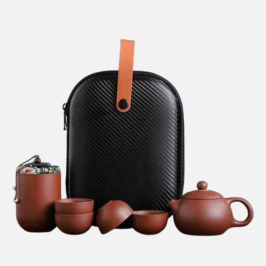 Clay Travel Tea Set With Portable Travel Case - 4 Cups, Tea Jar, Teapot
