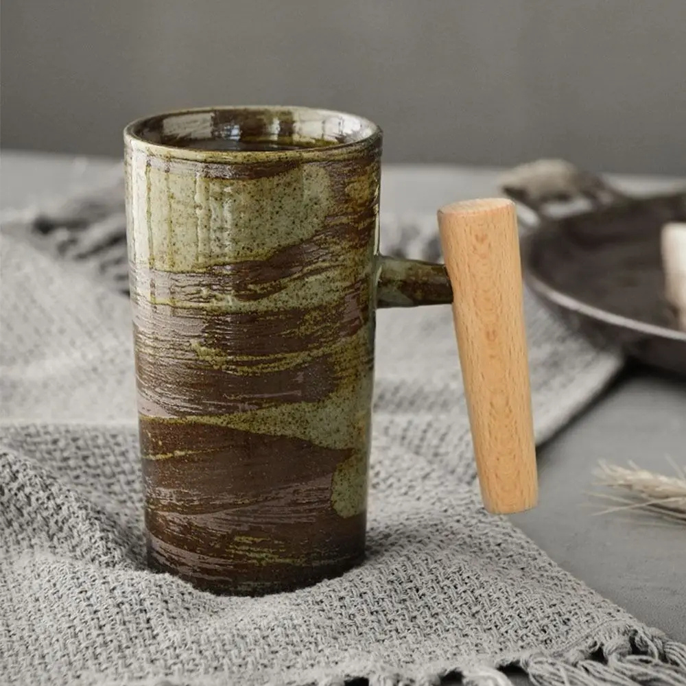 Ceramic Coffee Cup with Natural Wooden Handle - Japanese Style Mug