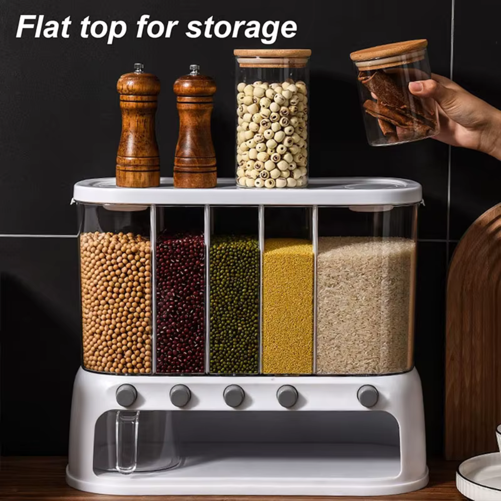 Multi-Compartment Airtight Grain Storage Container, Kitchen Dispenser Pantry Organiser