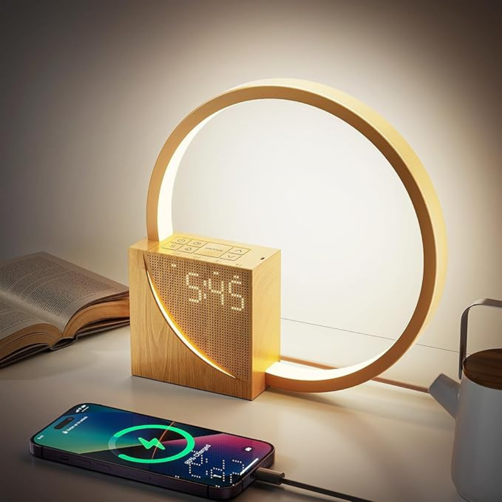 Smart Sunrise Alarm Clock with Circular Reading Lamp and USB Charger