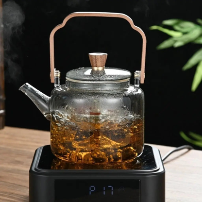 High Borosilicate Glass Brew Teapot Kettle With Wide Wooden Handle - Boiling Water Tea Infuser Kettle