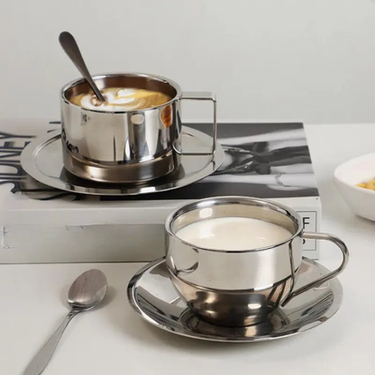 Stainless Steel Coffee Cup With Matching Saucer