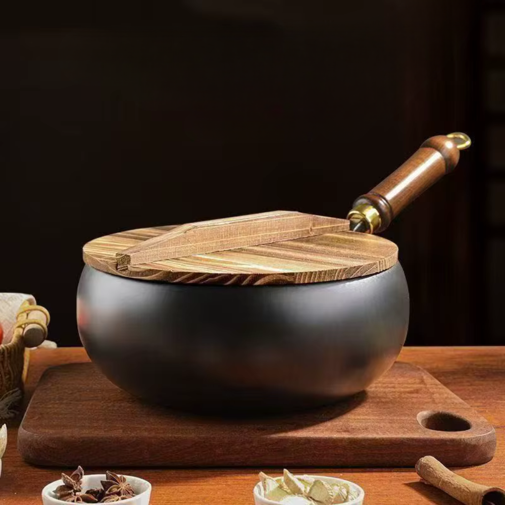 Refined Iron Big Pot Belly Uncoated Pan With Glass or Wooden Lid - Even Heat Frying Kitchen Cookware