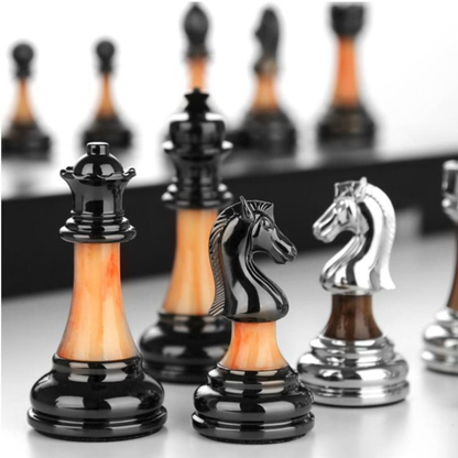 Wooden Chess Board - 45cm Large Foldable Set with Metal Pieces