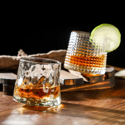 Spinning Whiskey Glass with Wooden Base - Three Glass Styles