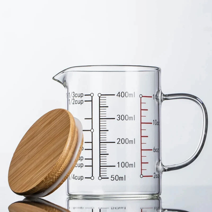 High Borosilicate Glass Measuring Cup, Cooking Measuring Cup - Glass Cups with Lid, Glass Lid and Bamboo Lid