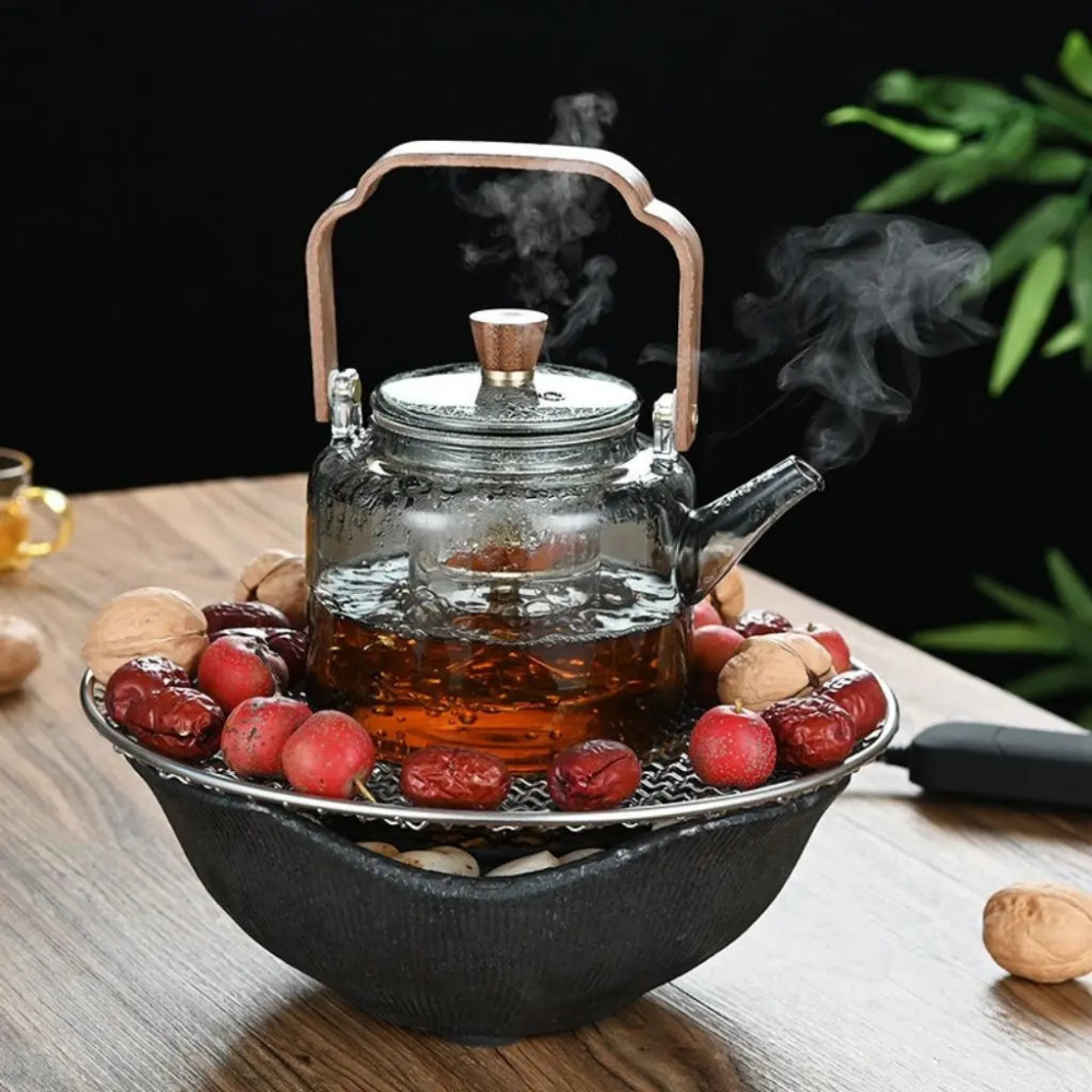 High Borosilicate Glass Brew Teapot Kettle With Wide Wooden Handle - Boiling Water Tea Infuser Kettle