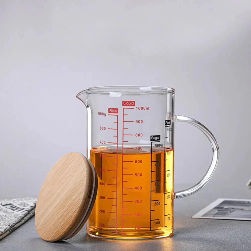 High Borosilicate Glass Measuring Cup, Cooking Measuring Cup - Glass Cups with Lid, Glass Lid and Bamboo Lid